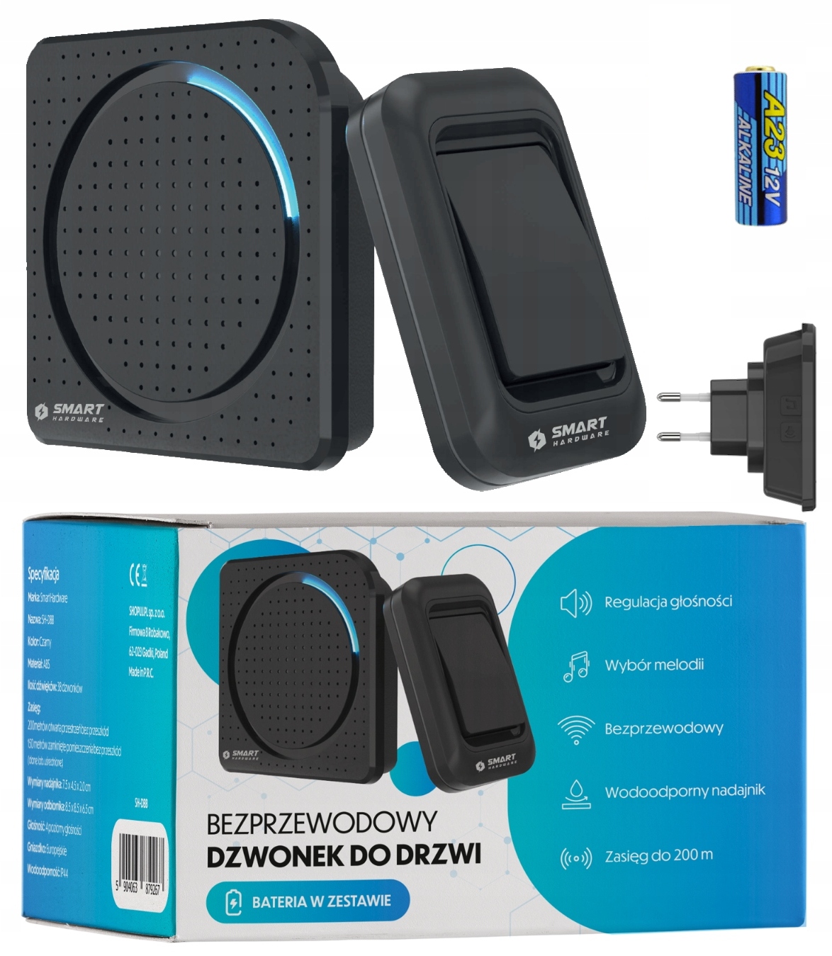 Bezdrôtový zvonček vodeodolný Smart Hardware SH-DBB čierny 200 m 38 melódií